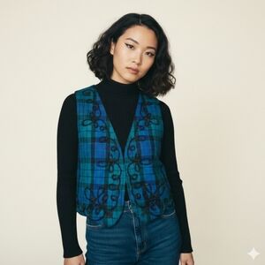 VTG Lizsport 100% Silk Beaded Plaid Vest Petite S Blue Green Academia Whimsigoth